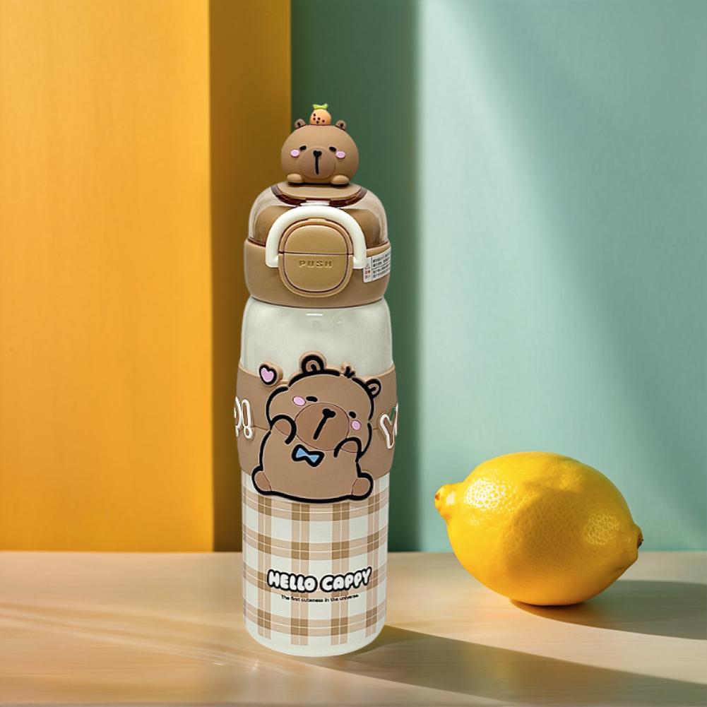 Kawaii Capybara Water Bottle Stainless Steel Vacuum Insulated Tumbler with Lid & Silicone Straw for Student 520ml