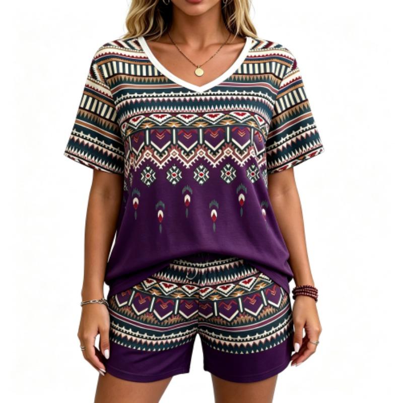 European Streets Summer Fashion Bohemian Ethnic Style Printed V-Neck Short Sleeved T-Shirt And Shorts Set Women's and Men's T-shirt Shorts Set