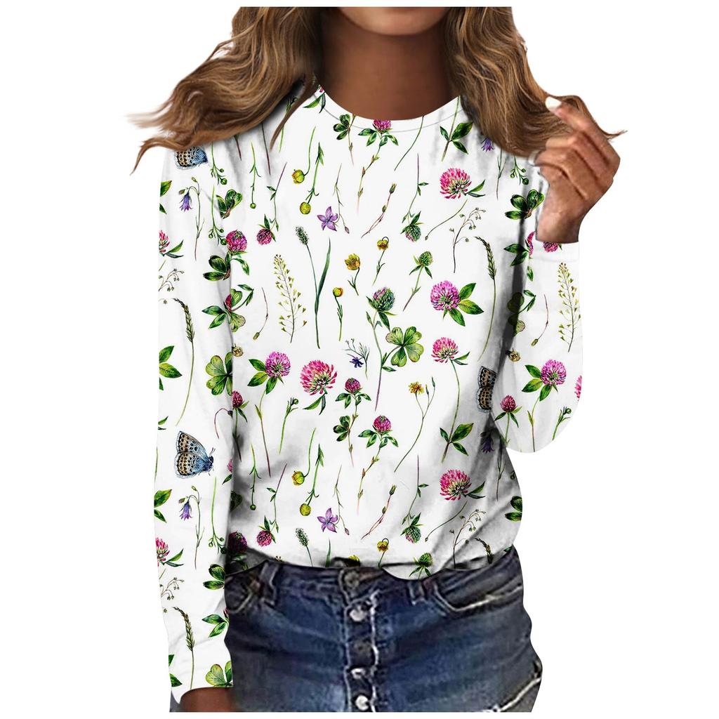 Women's Fashion Casual Long Sleeve Print Round Neck Pullover Top Blouse
