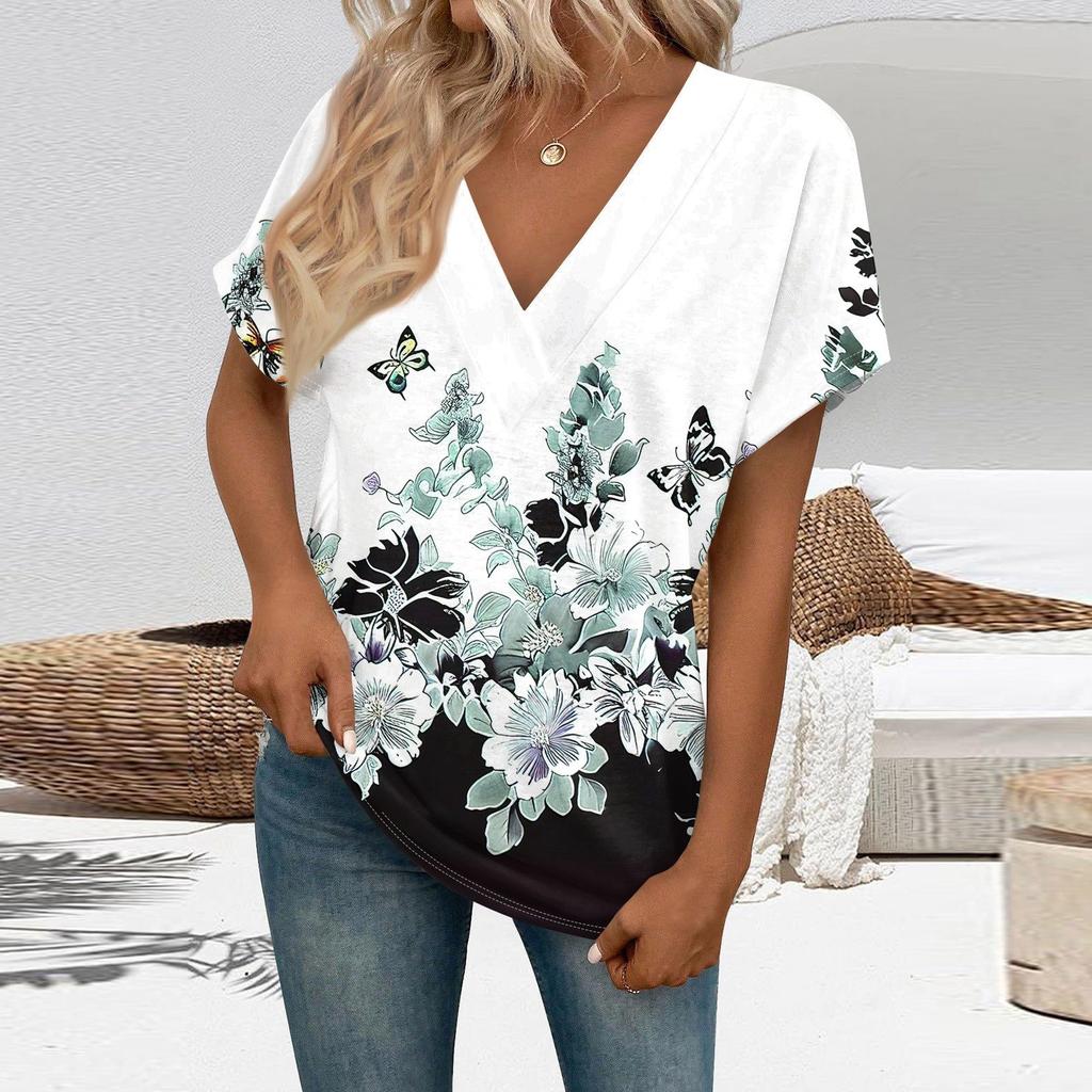 Women's Short Sleeve Shirts V Neck Print Tops Casual Tops Basic Tees Blouse Loose Tops