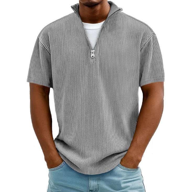 

2026 Spring/Summer New Men s Stand Collar Zipper Corduroy Short Sleeve Polo Shirt T-Shirt for Men S серый