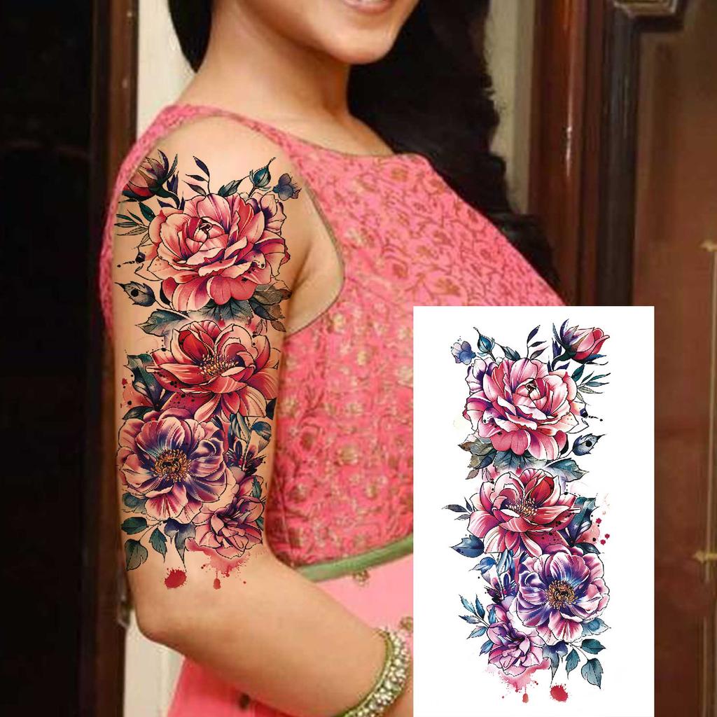 1 Sheet 3D Flower Temporary Tattoos Sleeve For Women Girls Watercolor Peony Rose Sexy Tattoo Sticker Water Transfer Transferable