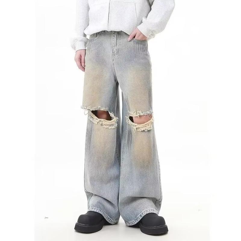 Jeans spring and autumn street hole design loose casual straight teen mopping pants long pants men