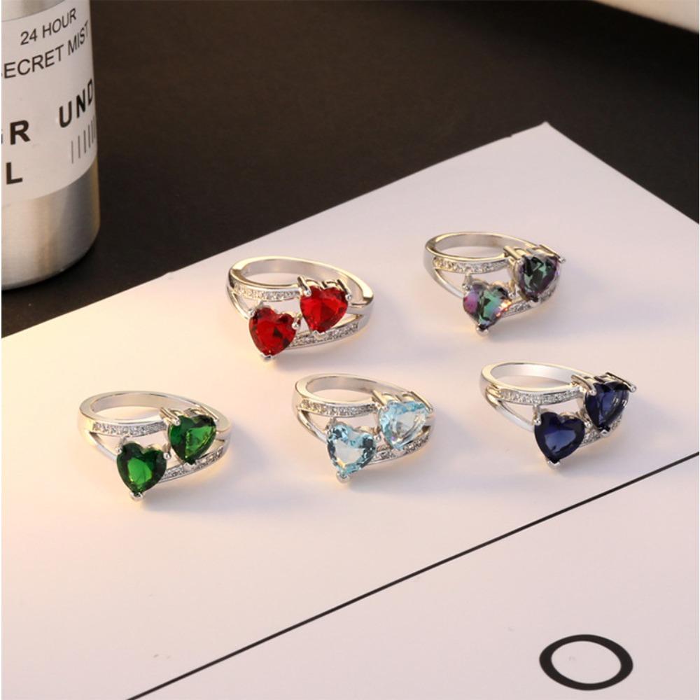 S925 Silver Plated Double Heart Zircon Rings for Women Colorful Sparkling Zirconia Ring Fashion Jewelry