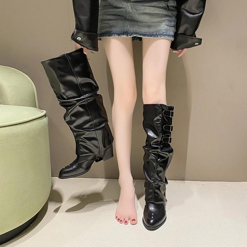 Fashion Women's Shoes 2025 High Quality Slip on Women's Boots Autumn Pointed Toe Buckle Knee-High Boots Fashion Western Boots Zapatos