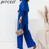 BITCED Herbst und Winter Locker Stretch Knitterhemd Langarm Weitbeinige Hose Freizeitanzug Damen Zweiteiler