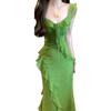 French lotus leaf edge green floral suspender dress children's summer new seaside vacation beach dress