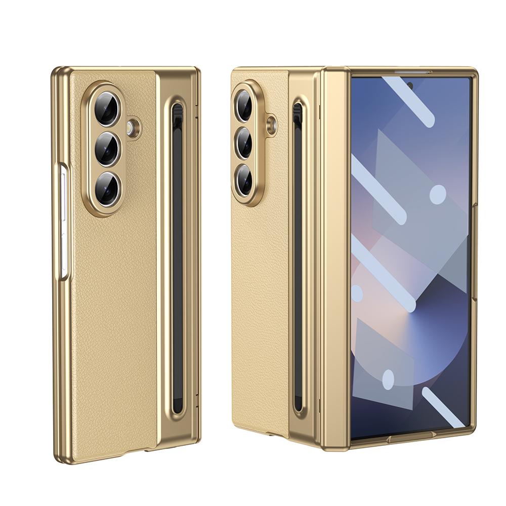 Plating Leather Hinge Case For Samsung Galaxy Z Fold 7 6 5 With Screen Glass Film All Inclusive Pen Slot Fold7 Protective Cover