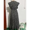 Printemps Été Col en V Taille Haute Robe Décontractée Imprimée Manches Courtes Volantées Élégante Femme Taille Haute A-ligne Fête Robe Longue Vêtements Amples pour Femmes