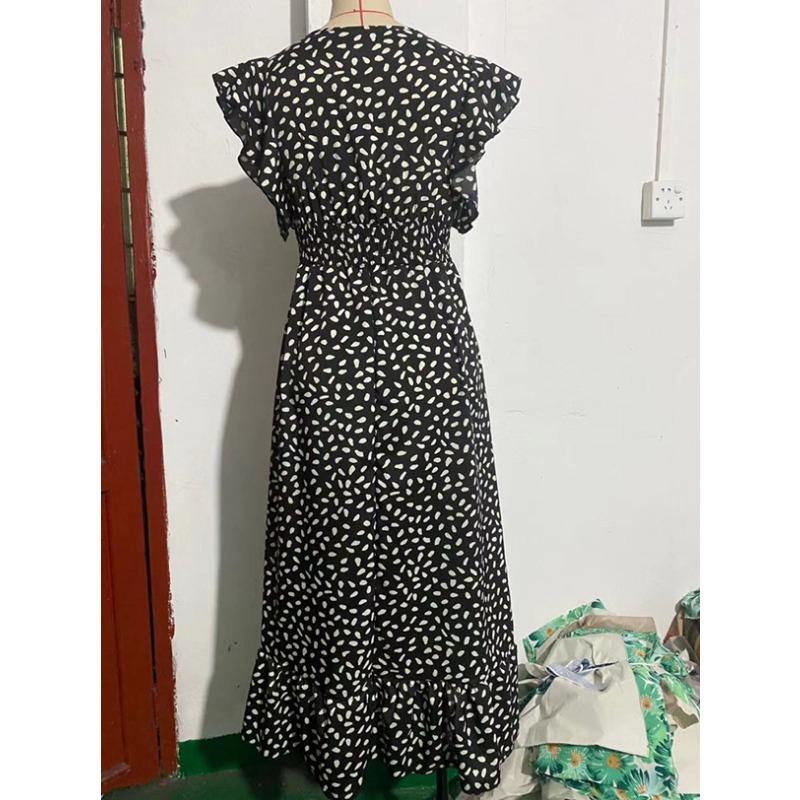 Printemps Été Col en V Taille Haute Robe Décontractée Imprimée Manches Courtes Volantées Élégante Femme Taille Haute A-ligne Fête Robe Longue Vêtements Amples pour Femmes