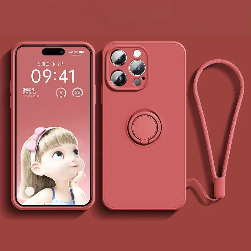 Magnetic Soft Silicone Case For 15 13 14 12 11 Pro Max X XS XR Plus Mini Phone Ring Holder Stand Cover With Wrist Strap