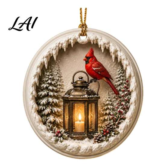 Snow Scene Xmas Decorations Acrylic Christmas Red Bird Ornament Pattern Tree Ornament Hanging Decor Retro Round Pendant for Winter Holiday