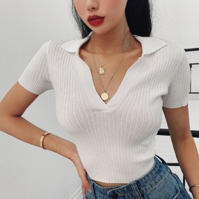 Retro Lapel Knit Short-sleeved T-shirt Female V-neck Slim Short Section of The Navel Heart Machine Tops Casual Essential Slim Fit Pullovers Tees