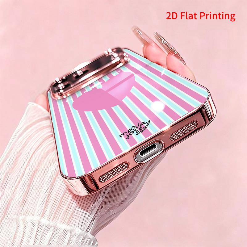 2DFlat electroplated tempered glass phone case,Pink Heart on Pastel Stripes,suitable for iPhone 18 Pro Max 17 16 15 14 13 12 11