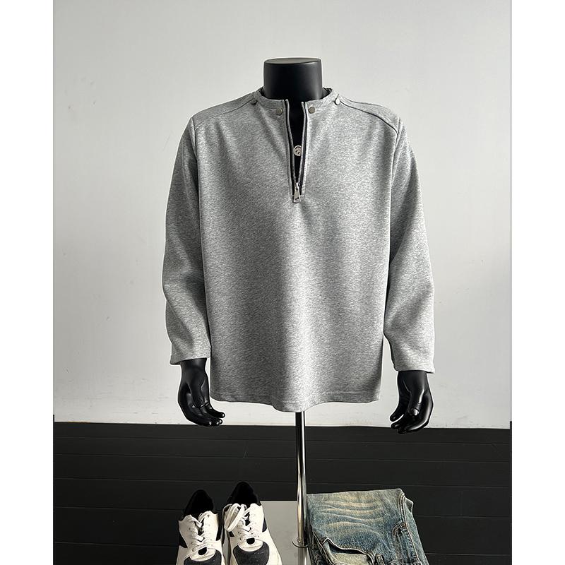Black Half Zipper Deconstruction Design Shoulder Padded Sweater Men's Autumn and Winter American High Street Willow Nails Long-sleeved