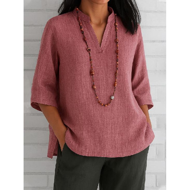 2026 New Summer Women s V-neck Three-Quarter Sleeve Cotton-Linen Loose Casual Top S кирпич красный