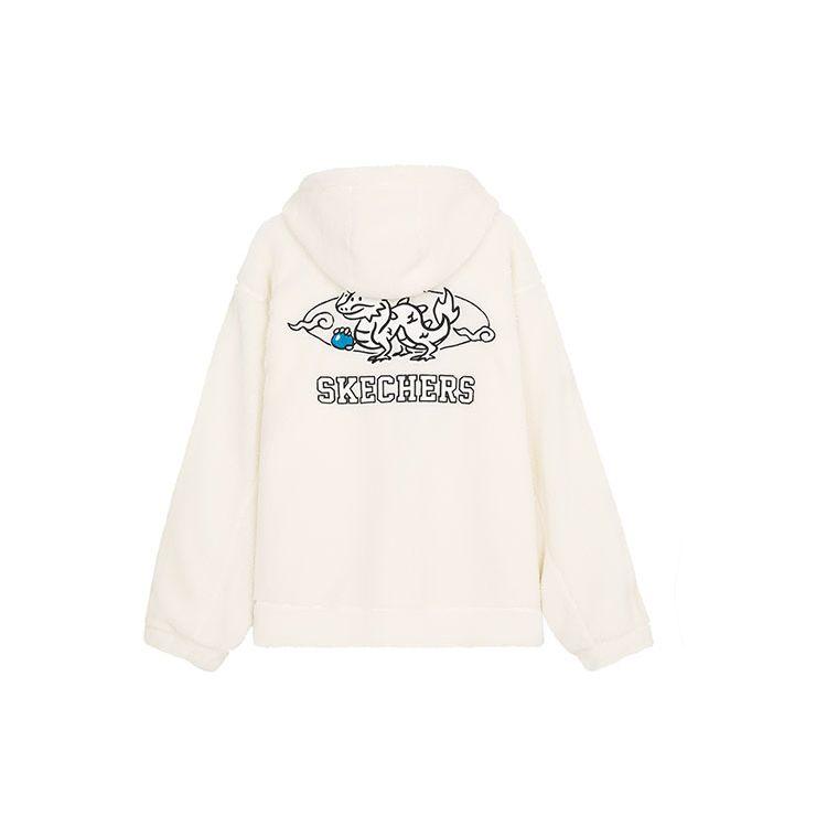 Skechers New Year Series Letter Pattern Embroidered Lamb Fleece Hooded Zip-Up Jacket Unisex Jacket Cream Off-White L124U025-00NA S