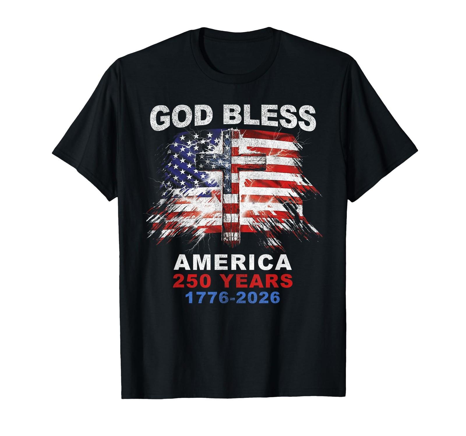 God Bless America 250 Years 1776-2026 Christian Cross Flag T-Shirt S
