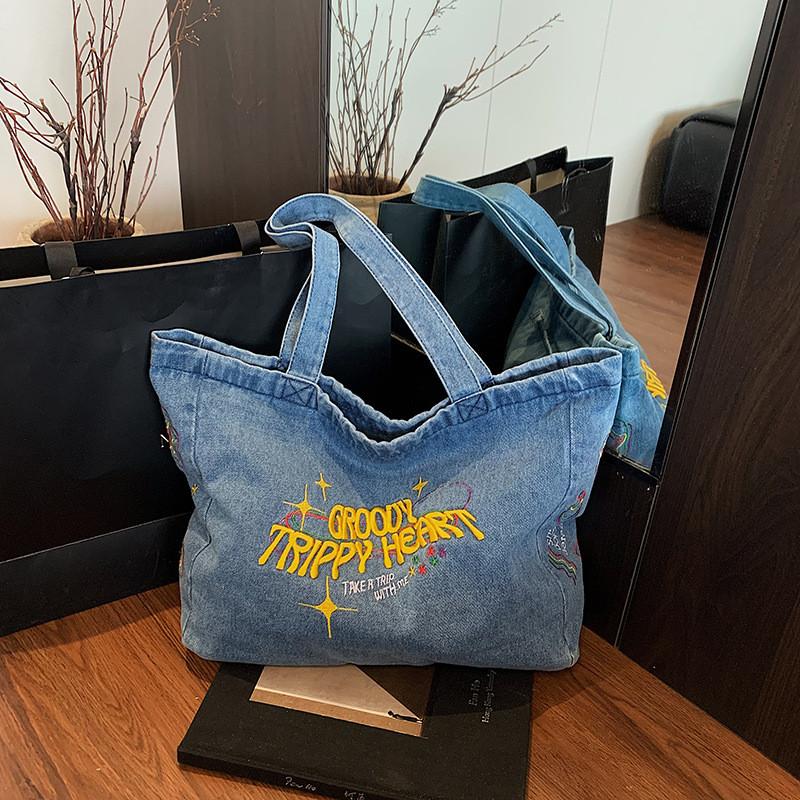 Denim Tote Bag For Women With Embroidered Letters And Street Style For Daily Use
