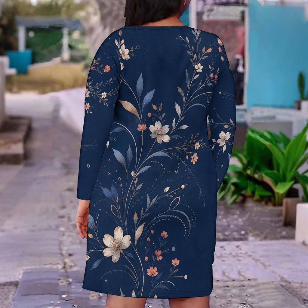 Women Plus Size V Neck Long Sleeve Floral Printed Navy Blue Fitted Dress