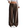 Women Pants Low Rise Zipper Button Fly Straight Wide Leg Long Pants with Pockets Solid Color Ribbed Leisure Trousers