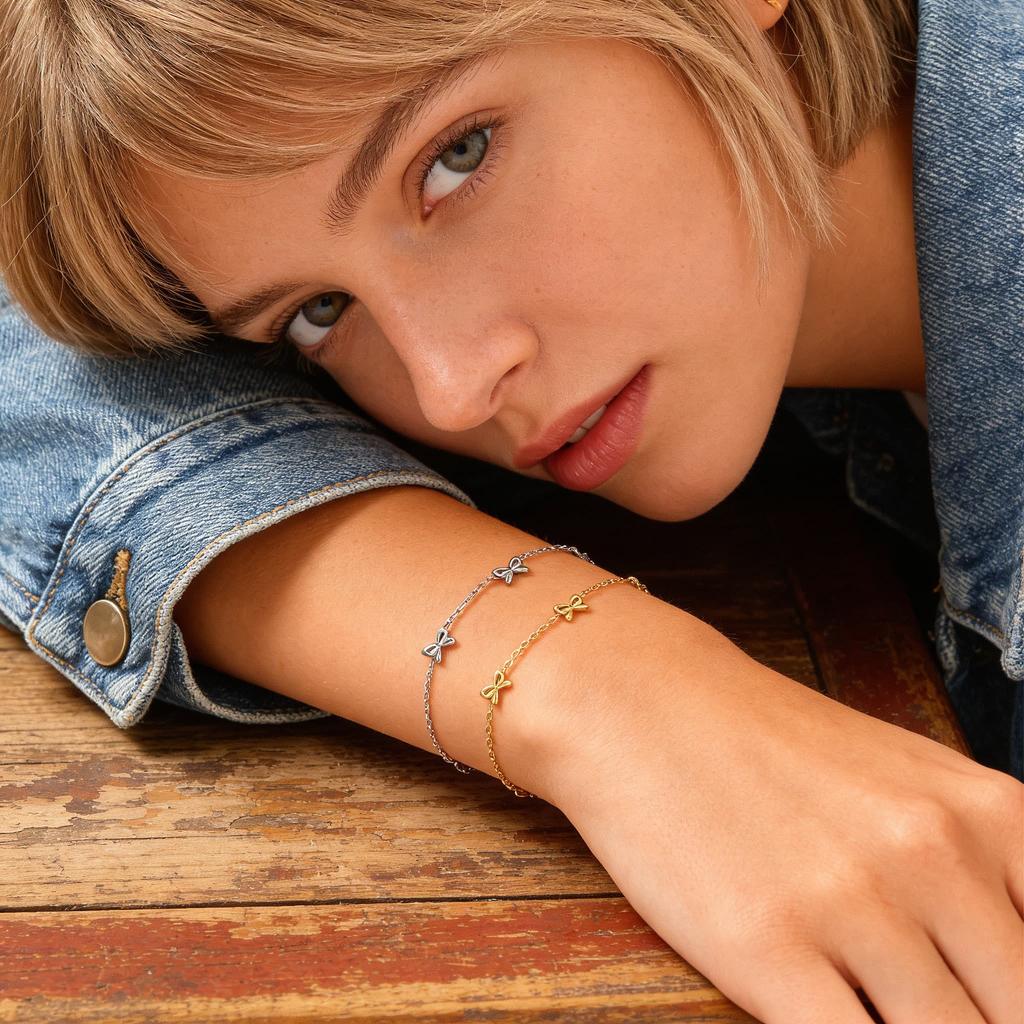 Chic Bowknot Bracelet for Women,Stainless Steel Flat Rolo Chain Bow Bracelets,Minimalist Jewelry Gifts