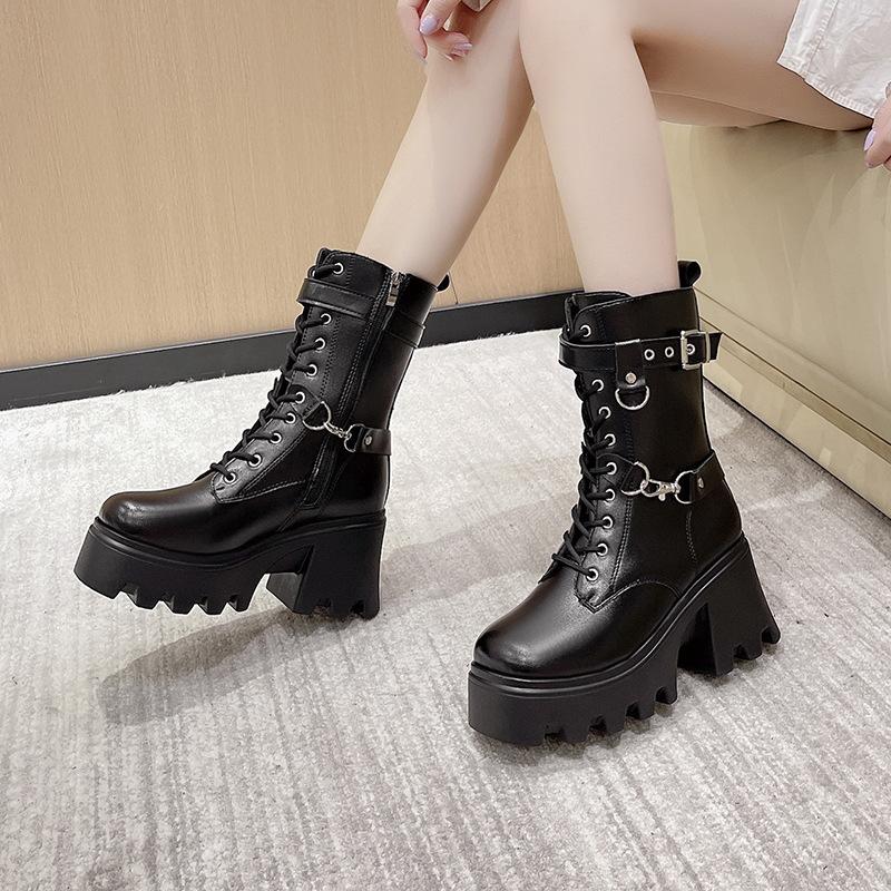 Fried Street Black Punk Martin Boots Autumn and Winter Thick Bottom Slope Heel British Style Medium Tube Martin Boots Universal cos
