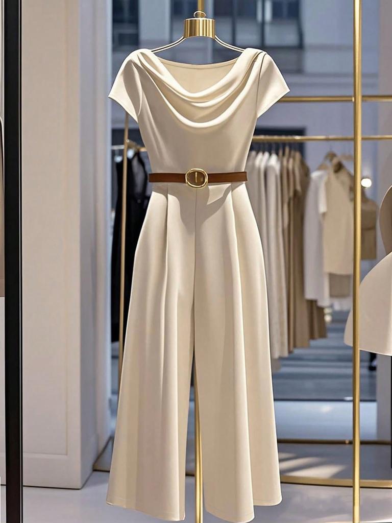 Elegant European and American Style Satin Jumpsuit with Pile Collar and Wide Legs for Women