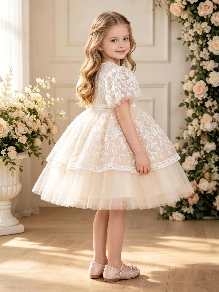 Mid-Length Girls' White Princess Dress with Puff Sleeves for Summer