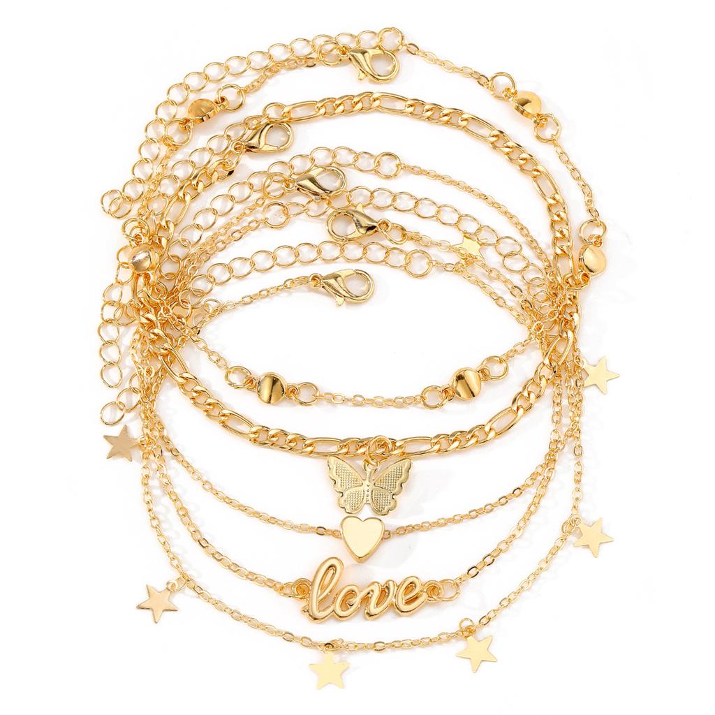 European and American five-pointed star butterflies LOVE Ankle bracelet5Set of vintage metal fashion layered anklets