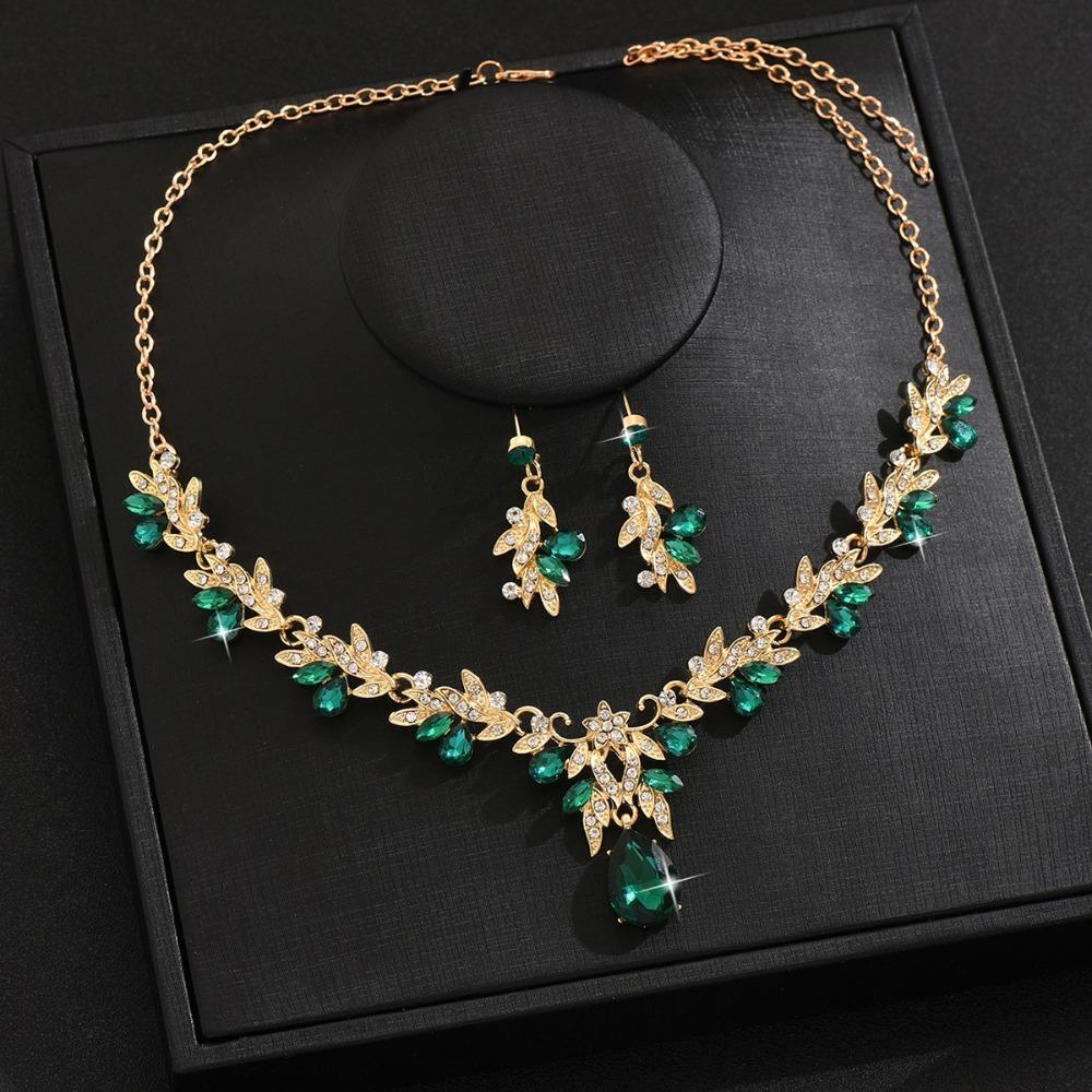 Fashion Luxury Full of Rhinestone Flower Green Teardrop-shaped Crystal Pendant Necklace for Women Bride Wedding Banquet Jewelry