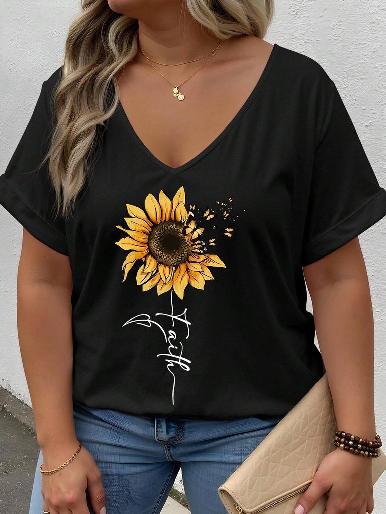 Plus Size Heart Design Pattern Printed T-shirts Summer Fashionable High Quality Short Sleeved Casual Sports V-Neck Pullover Tops