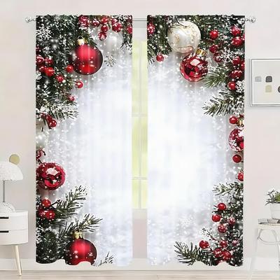 2 Stück Weihnachten Ornament Stechpalme Vorhänge Lichtfilternd Dekor Polyester Weihnachten Feiertag Fenster Haus Wohnzimmer Schlafzimmer Stangentasche