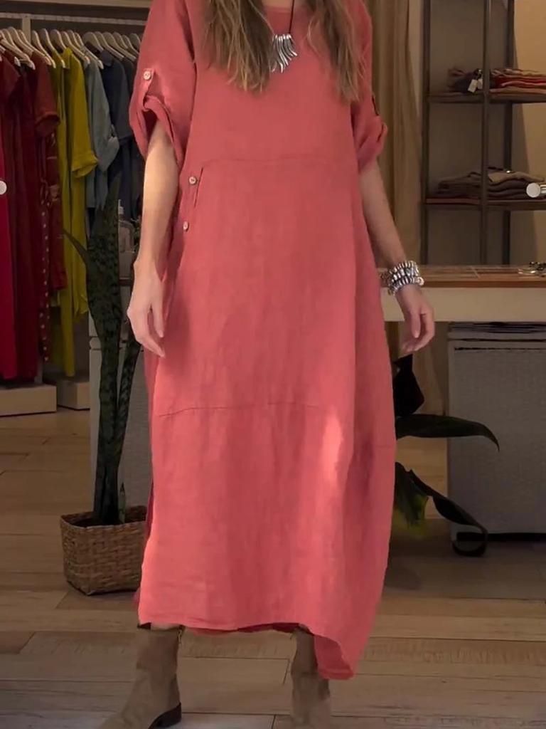 New Women's Summer Breeze Loose Casual Solid Color Short Sleeve Cotton Linen Dress