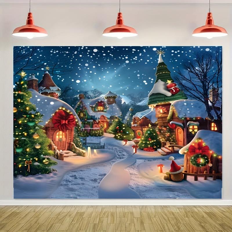 1 Banner de fundo para fotografia de Vila de Natal - Cena de inverno com neve de árvores de cedro, poliéster multiuso, multifuncional