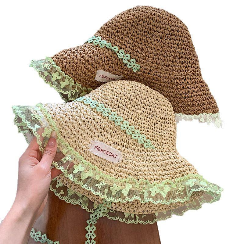 Parent-child vacation wind floral lace straw hat women's spring and summer seaside sunshade big brim sun hat