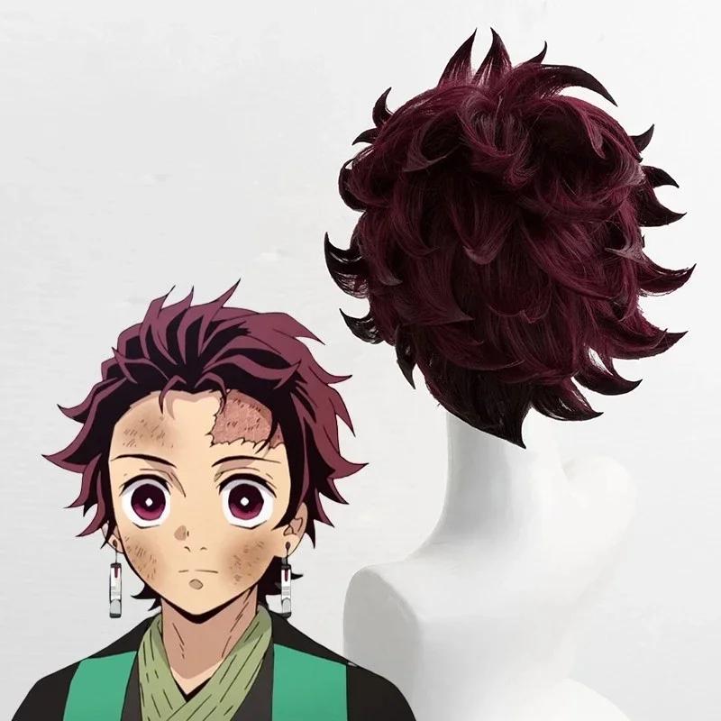 Anime Dämonentöter Kimetsu No Yaiba Tanjiro Kamado Cosplay Synthetische Perücken Kurz Kastanienbraun Hitzebeständige Haarperücken