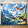Realistische Dinosaurier-Fluss-Wandteppich, Prähistorischer Jura-Wasserfall & Bergwand-Dekor für Jungenzimmer