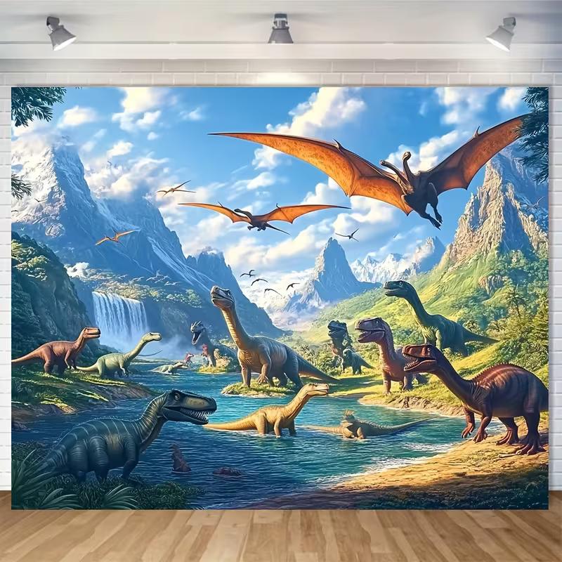 Realistische Dinosaurier-Fluss-Wandteppich, Prähistorischer Jura-Wasserfall & Bergwand-Dekor für Jungenzimmer