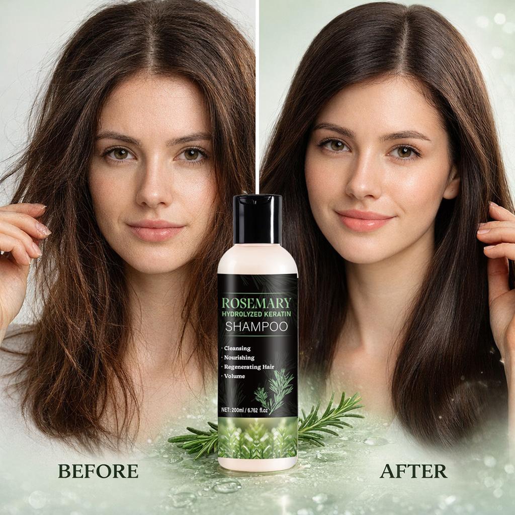 Bio šampón s rozmarínom na vlasy - s hydrolyzovaným keratínom, zahusťujúci, dodávajúci objem, redukuje lámanie & dodáva lesk, 200 ml