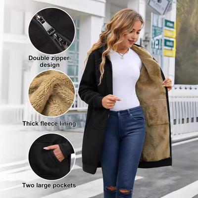 Women Winter Hoodie Thickened Plush-lined Long Sleeves Outerwear Mid Length Solid Color Drawstring Zipper Closure Coat Daily Commuting Jacket