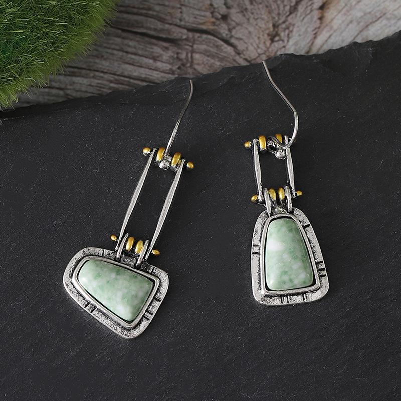 Retro Trapezoidal Turquoise Jadeite Earrings, Stylish Asymmetrical Earrings for Women