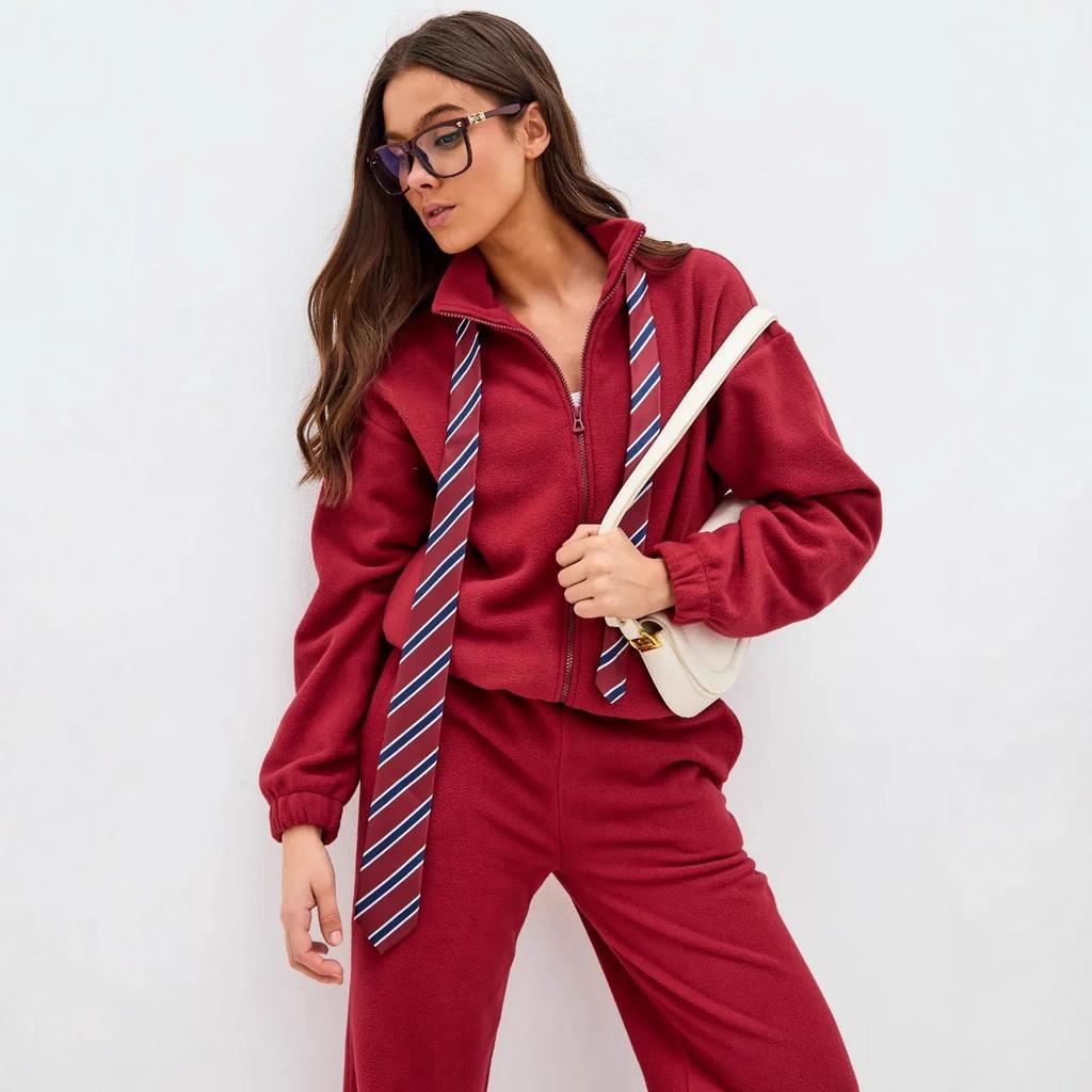 European and American casual women's fleece set thick solid color long-sleeved zipper cardigan elastic wide-leg pants two-piece set