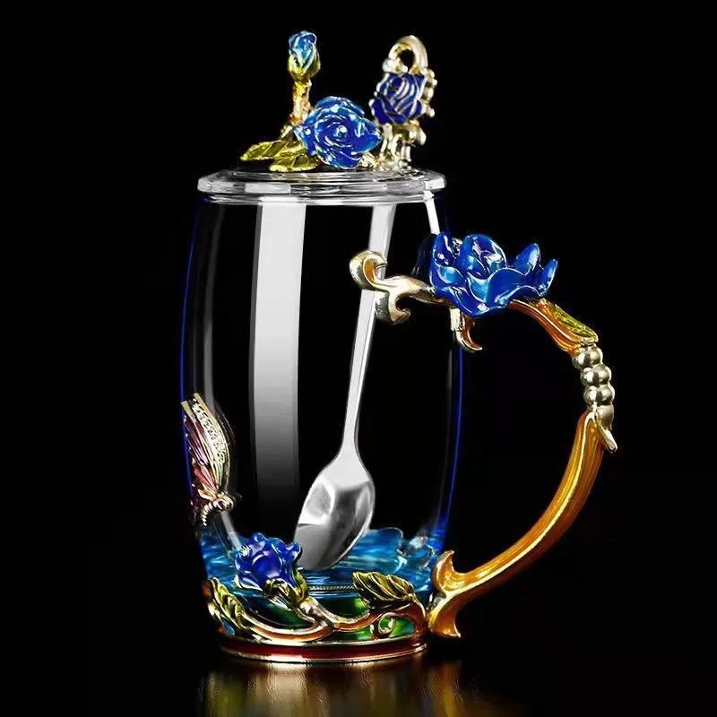 Uropean Enamel Rose Glass Cup Set with Hand-Carved Floral Design – Vintage Luxury Coffee & Tea Cups