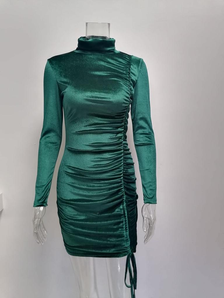 Winter Suede High Neck Dress Female Long Sleeve Sexy Tight Fitting Hip Party Dress