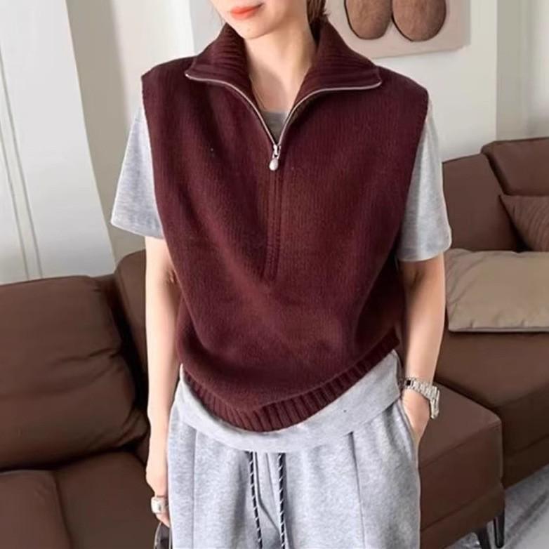 Slack retro half zipper sleeveless knitted vest chic stacked foreign style age-reducing top casual vest