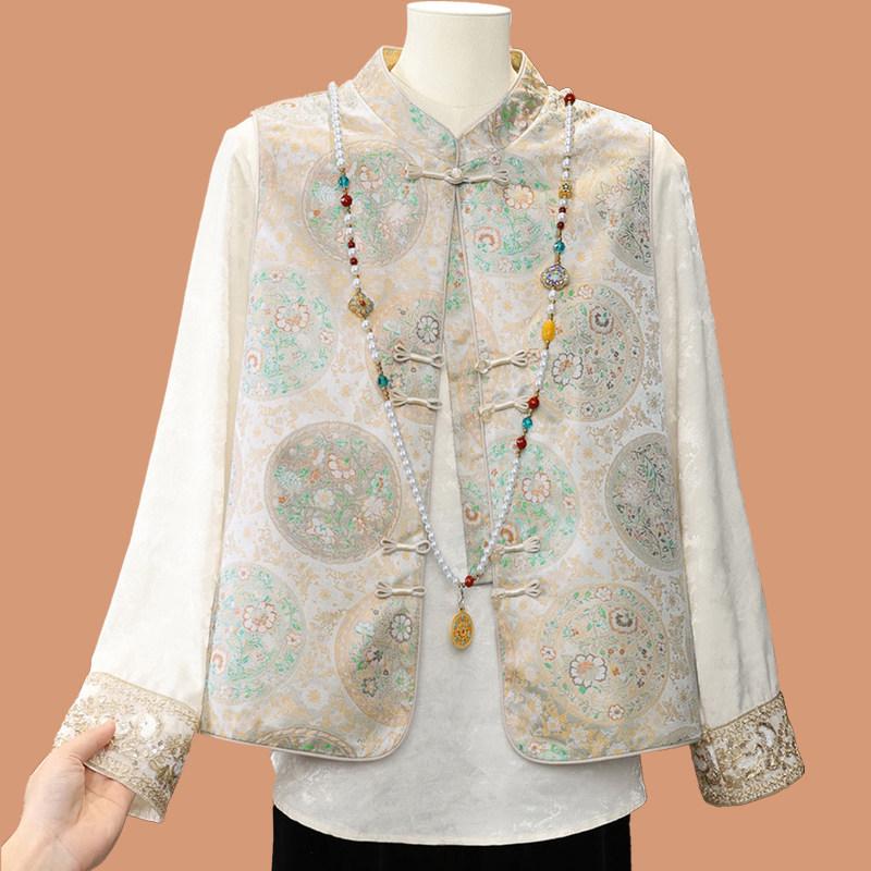 

Mom s 2026 New Style Spring Vest Cardigan: Chinese National Style Jacket for Middle-Aged and Elderly Women 2XL (approx. 52.5-60 kg)