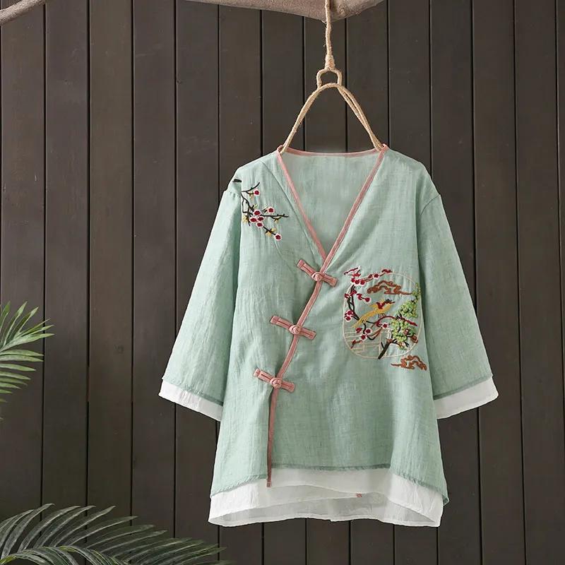 

Этнический стиль вышитый ретро топ с V-образным вырезом на пуговицах женская летняя рубашка в китайском стиле с рукавами пять точек XXXL зелёный