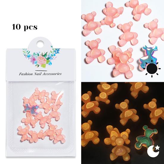 10Pcs Nail Decorations Vibrant Color Creative Shape Stunning Visual Effect Non-Fading Luminous 3D Bear Manicure Ornaments for Nail Salon