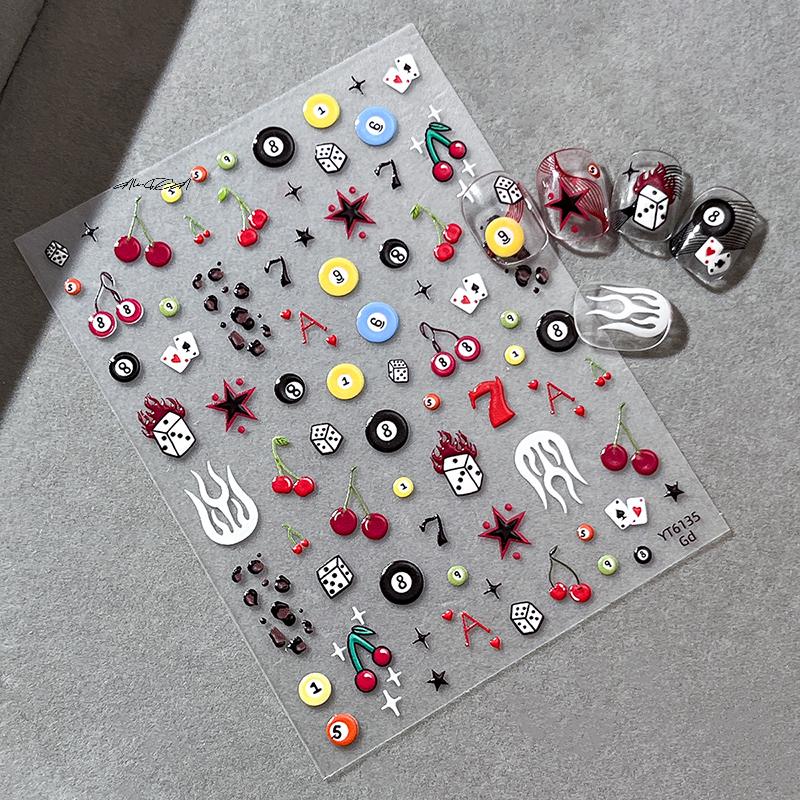 3D Embossed Cherry Nail Art Stickers Self Adhesive Pool Dice Design Manicure DIY Accessories Nail Art Decals for Creative Nail